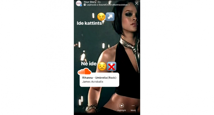 SoundCloud kattintható link helye az Instagram Story-ban